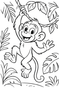 A smiling chimpanzee hanging from a leafy jungle vine.