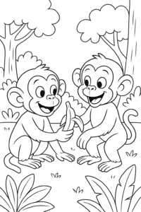 Two playful chimpanzees sharing a banana snack in the forest.