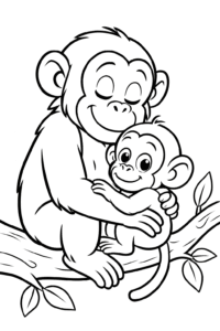 A baby chimpanzee cuddling with its mother on a tree branch.