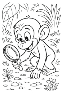A curious chimpanzee exploring the jungle floor with a magnifying glass.