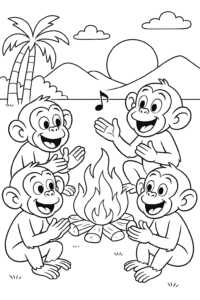 A group of chimpanzees clapping and singing around a campfire at sunset.