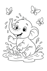 A cheerful baby elephant splashing in a puddle with butterflies fluttering nearby