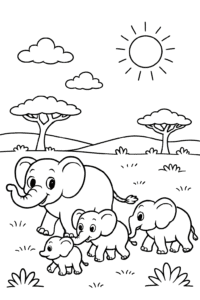 A family of elephants marching in a line across the savanna under a bright sun
