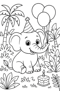 An elephant wearing a party hat, holding balloons with its trunk at a jungle birthday party