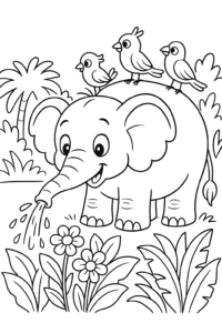 A friendly elephant watering jungle flowers with its trunk while colorful birds perch on its back