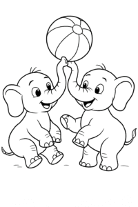 Two elephants playing together, using their trunks to toss a big beach ball