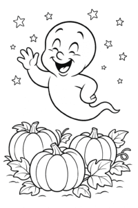 A giggling ghost waving hello while floating above a pumpkin patch under twinkling stars.