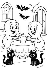Two cheerful ghosts having a friendly tea party with bats and black cats in a cozy haunted house.
