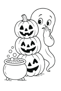 A shy ghost playing peekaboo behind a stack of smiling jack-o’-lanterns next to a bubbling cauldron.