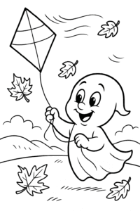 A happy ghost flying a kite shaped like a candy corn on a breezy autumn day with falling leaves.
