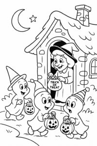 Three tiny ghosts dressed in silly hats, trick-or-treating from a friendly witch’s cottage under a crescent moon.