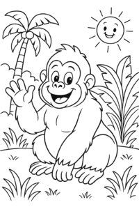 A smiling gorilla waving hello in a sunny jungle clearing.