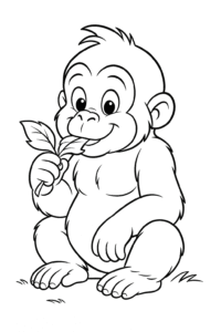 A young gorilla sitting and munching on a leafy snack.