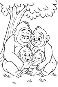 A family of gorillas cuddling together under a big tree.