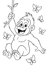 A playful gorilla swinging from a vine with butterflies around.