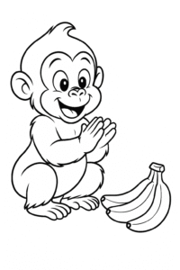 A baby gorilla clapping its hands with a bunch of bananas nearby.