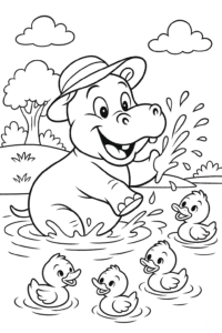 A cheerful hippopotamus wearing a sun hat and splashing in a river with ducklings.