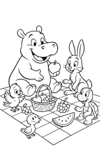 A smiling hippo sitting on a picnic blanket, sharing fruit with a group of animal friends.