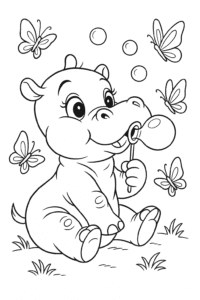 A baby hippopotamus blowing bubbles while butterflies flutter around.