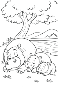 A hippo family taking a nap together under a shady tree by the water.