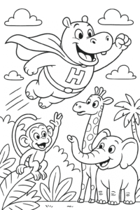 A superhero hippopotamus soaring through the sky with a cape, saving jungle animals.