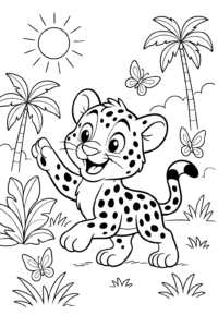 A friendly jaguar cub playing with butterflies in a sunny jungle clearing.