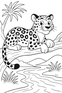 A majestic adult jaguar relaxing on a tree branch above a sparkling river.