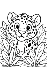 A curious jaguar peeking out from behind leafy green plants.