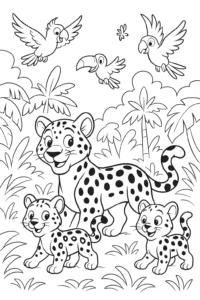 A family of jaguars exploring the rainforest together with colorful birds overhead.