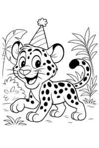 A playful jaguar wearing a party hat, ready to celebrate a jungle birthday