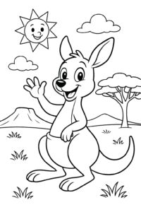 A smiling kangaroo waving hello in a sunny Australian outback scene