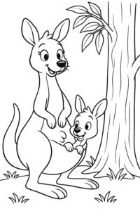 A mother kangaroo with a joey peeking out from her pouch near a eucalyptus tree