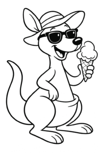 A kangaroo wearing a sun hat and sunglasses, holding an ice cream cone