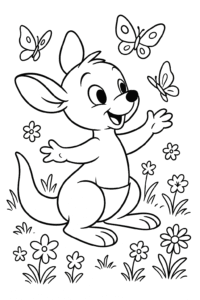 A baby kangaroo (joey) playing with butterflies and flowers in a meadow