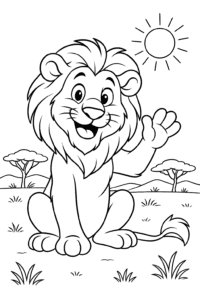 A smiling lion waving hello while sitting on a sunny savanna.