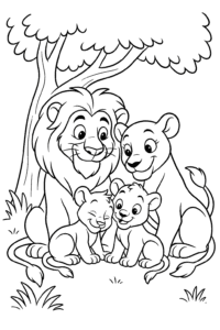 A family of lions cuddled together under a shady tree.