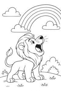 A lion roars underneath a rainbow