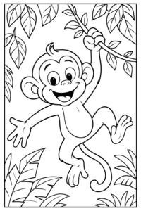A smiling monkey swinging from a leafy jungle vine.