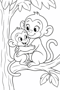 A baby monkey hugging its mother in a cozy tree.