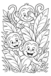 Three playful monkeys playing hide and seek behind big jungle leaves.