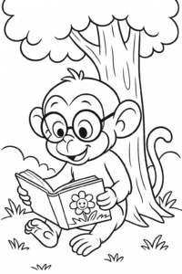 A curious monkey wearing glasses and reading a picture book under a tree.