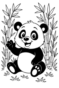 A smiling panda waving hello while sitting in a field of bamboo.