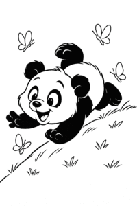 A playful panda cub tumbling down a grassy hill with butterflies fluttering around.