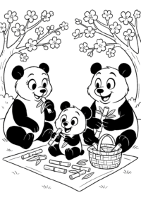A family of pandas sharing a bamboo picnic under cherry blossom trees.