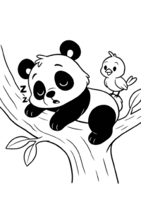 A sleepy panda resting on a tree branch with a bird perched nearby.