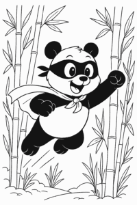 A superhero panda wearing a cape and mask, saving the bamboo forest.