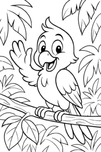 A cheerful parrot waving hello from a leafy jungle branch.