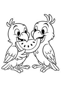 Two playful parrots sharing a slice of tropical fruit together.