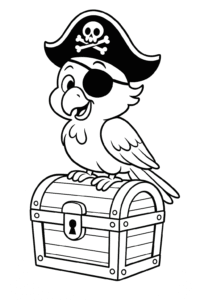 A pirate parrot wearing a hat and eye patch, perched on a treasure chest.