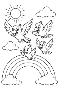 A family of parrots flying over a rainbow in a sunny sky.